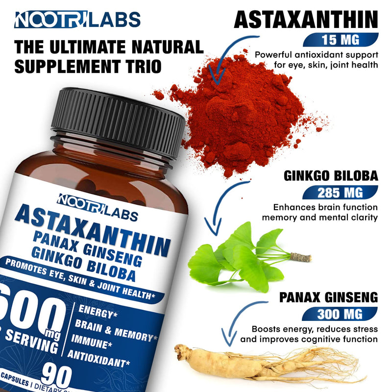 [Australia] - Astaxanthin 15mg + Panax Ginseng, Ginkgo Biloba Supplements, 90 Vegan Capsules, Promotes Eye, Skin, Joint Health Energy, Cardiovascular Support + Immune Defense and Focus 