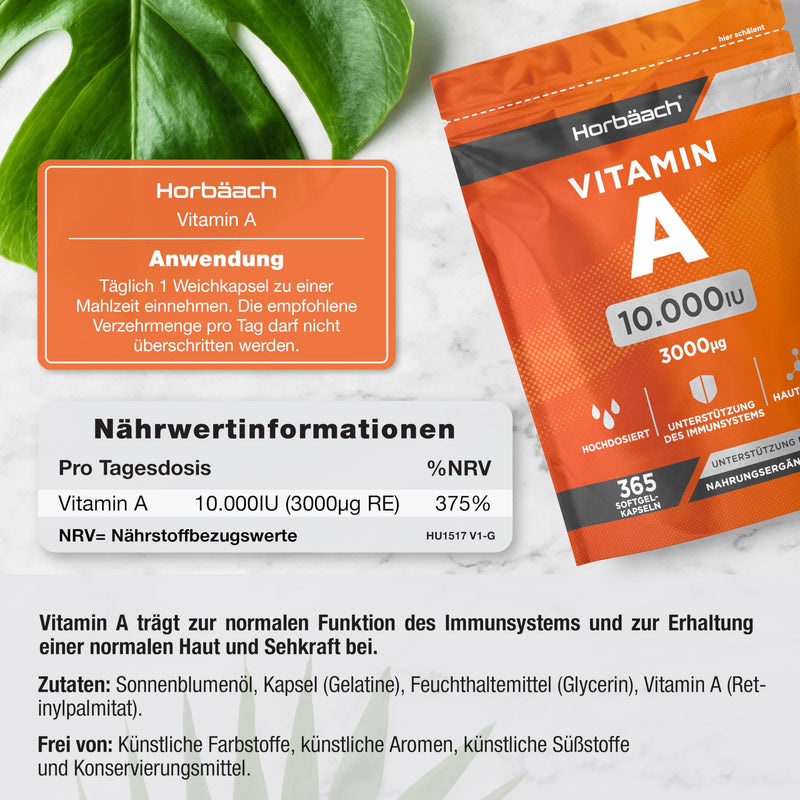 [Australia] - Vitamin A high dose 10000 IU | 1 year supply | Eye vitamins | Retinol for skin, cells & immune system | Horbaach 