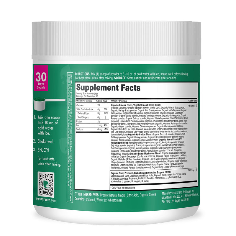 [Australia] - Zena Greens Organic Super Greens Powder | 70+ Superfood Ingredients Drink Mix | 3G Fiber | 0 Sugar | Fruits, Veggies, Herbs, Hydration, Antioxidants, Pre & Probiotics, & Digestive Blends | 30 Servings 