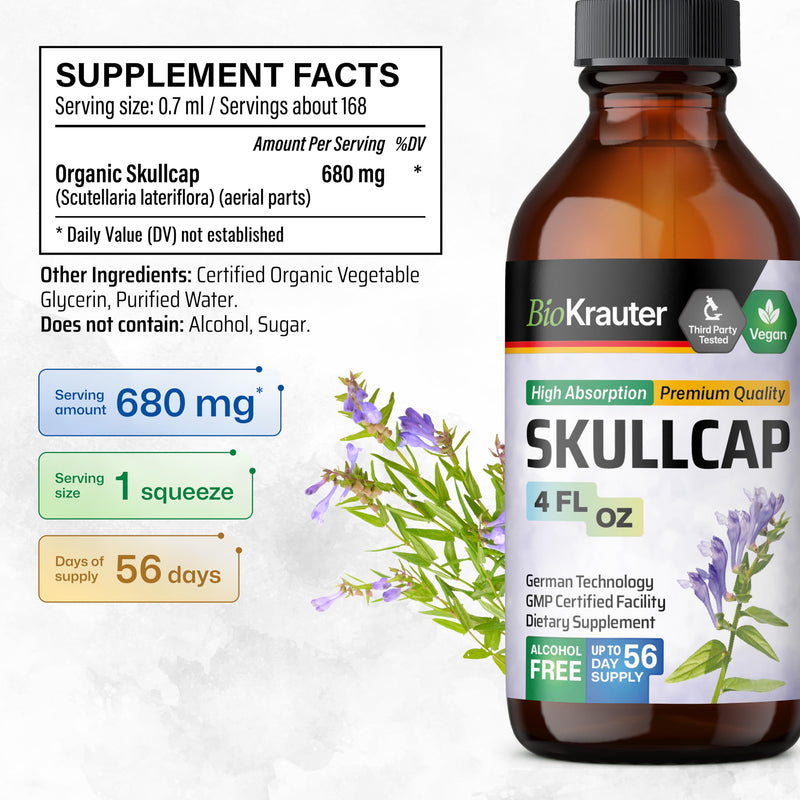 [Australia] - Skullcap Herb Tincture - Organic Scutellaria Lateriflora Liquid Extract - Nervous System Support Supplement - Alcohol and Sugar Free Skullcap Tincture - Vegan Drops 4 Fl.Oz. 4 Fl Oz (Pack of 1) 