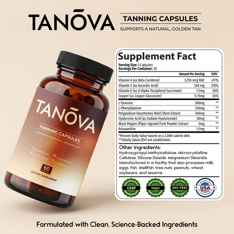 [Australia] - Tanova Tanning Pills ‚Äì Supports a Natural Golden Glow, Skin Resilience & Anti-Aging Against Sun-Induced Oxidative Stress ‚Äì with Astaxanthin, L-Tyrosine, Copper & Polypodium Leucotomos ‚Äì 60 Capsules 