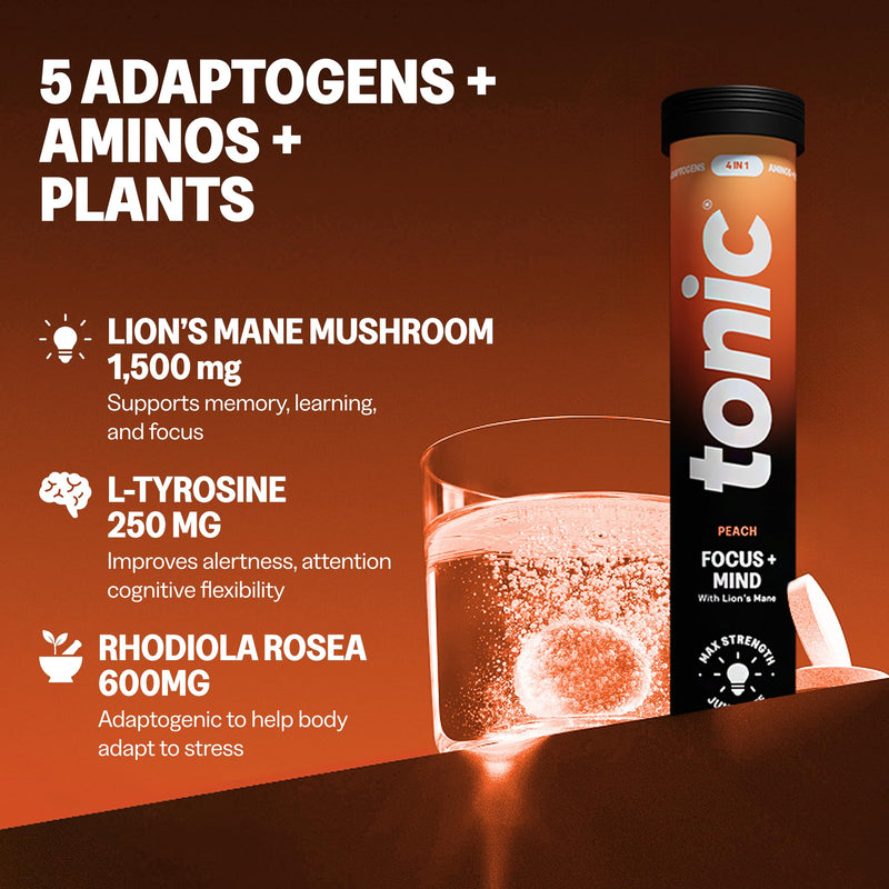 Tonic Health Focus + Mind Tablets - Lion’s Mane, L-Tyrosine and B3, Rhodiola Rosea for Mental Clarity, No Sugar Effervescent Tablets (60 Count (Pack of 1), Peach) 60 count (Pack of 1)