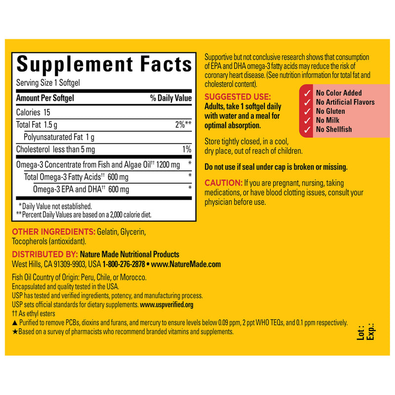 Nature Made Omega 3 Fish Oil and Algae Oil Supplements 1200mg, 60 Softgels | Algae Oil & Fish Oil Blend, Omega 3 Supplement for Heart, Brain and Eyes Support, One Per Day, 60 Day Supply
