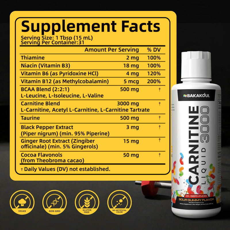 [Australia] - L Carnitine Supplement Liquid 3000, with BCAA Sports Supplements, Help Support Energy Boosts, Support Muscle, Efficient Formula with Acetyl Rapid Absorption, Sustained Energy, Sour Gummy Flavor 
