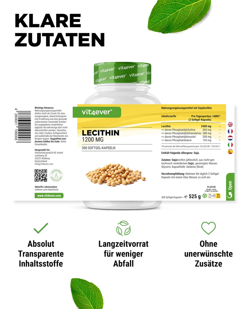 [Australia] - Lecithin 1200 mg - 300 softgels - Premium: With phosphatides - Soy lecithin without genetic engineering - High dosage - Premium quality 300 pieces 