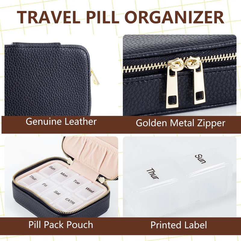Portable Leather Weekly Pill Organizer | 7-Day Travel Pill Case with Removable Daily Insert – for Vitamins, Medication, Fish Oil & Supplements, Black
