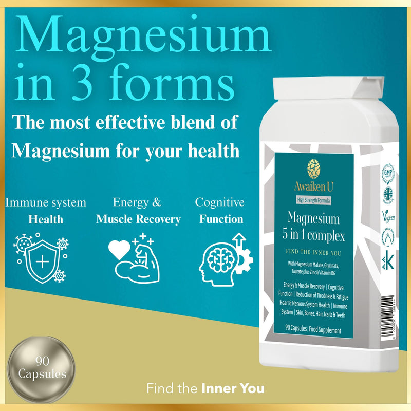Magnesium Glycinate 5 in1 Complex -Magnesium Glycinate, Malate and Magnesium Taurate Plus Vitamin B6 & Zinc-High Strength, High Absorption, Easy to swallow-90 Vegan caps -UK Made