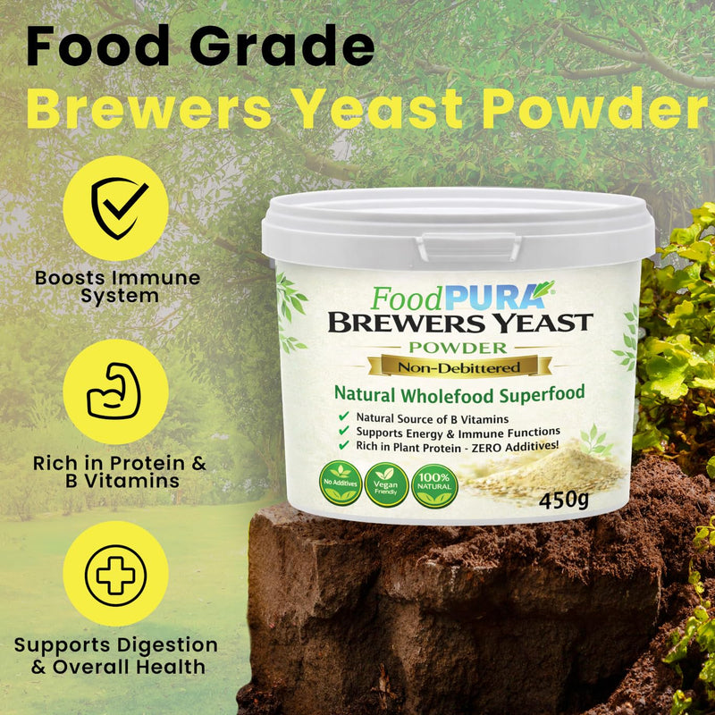 Food PURA 450g Brewers Yeast Powder - Non De Bittered- 100% Natural Source of B Vitamins, Protein & Minerals Supports Immune System, Healthy Skin, Hair & Nails