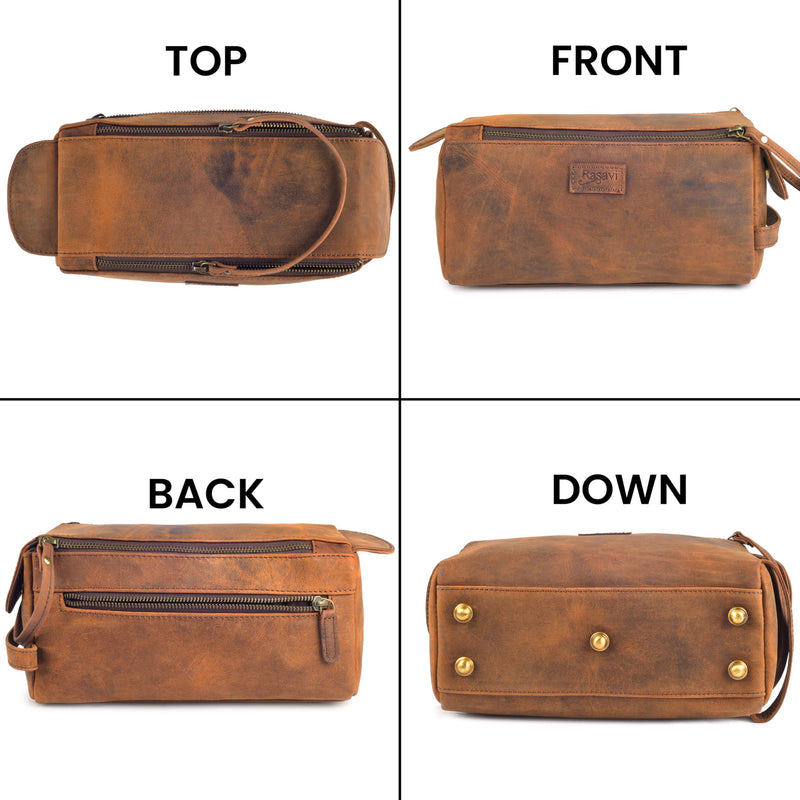 Rasavi Genuine Leather Travel Toiletry Bag for Men & Women, Handcrafted Vintage Dopp Kit, Water-Resistant Shaving & Bathroom Essentials Organizer - Distressed Brown