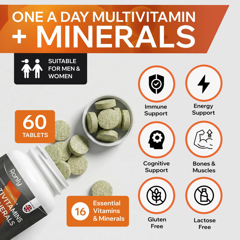 Ronly Multivitamins & Minerals Tablets — One A Day Advanced Daily Formula | 16 Essential Vitamins & Minerals | Immune & Energy Support | Vegan, Gluten Free & Lactose Free | No GMO