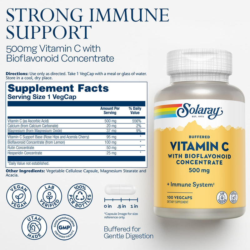 SOLARAY Buffered Vitamin C 500 mg, 100 VegCaps | Immune, Antioxidant & Collagen Support, Buffered for Digestion, With Bioflavonoids, 100 Servings, Vegan & Lab Verified 100 Count (Pack of 1)