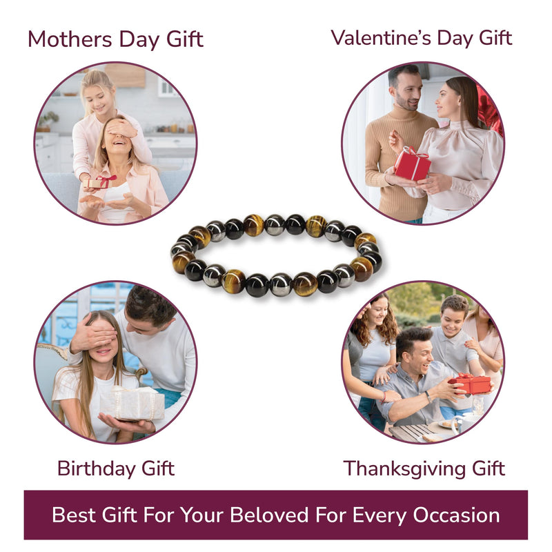 [Australia] - Crystal Vibe Triple Protection Bracelet - 8mm Beaded Bracelet for Women Men - Natural Stones of Tiger Eye, Hematite, Black Obsidian - Healing Crystal Bracelet for Anxiety Relief - Adjustable Size 