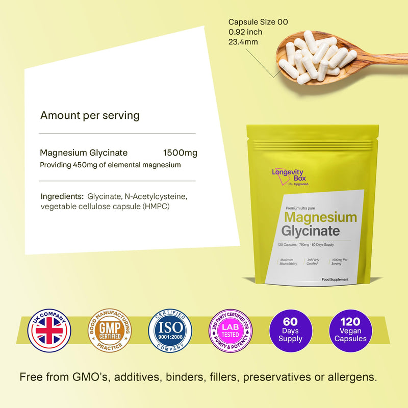 Ultra Pure Magnesium Glycinate 1500mg | 120 Capsules | High Strength Magnesium Supplement for Women & Men | Providing 450mg of Elemental Magnesium