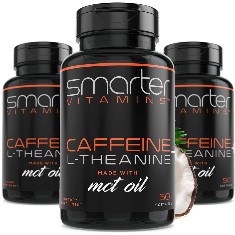 [Australia] - SmarterVitamins (3-Pack) 200mg Caffeine Pills with 100mg L-Theanine for Energy, Focus and Clarity + Coconut MCT Oil, Pre Workout, Nootropic Brain Booster, Extended Release Capsule 