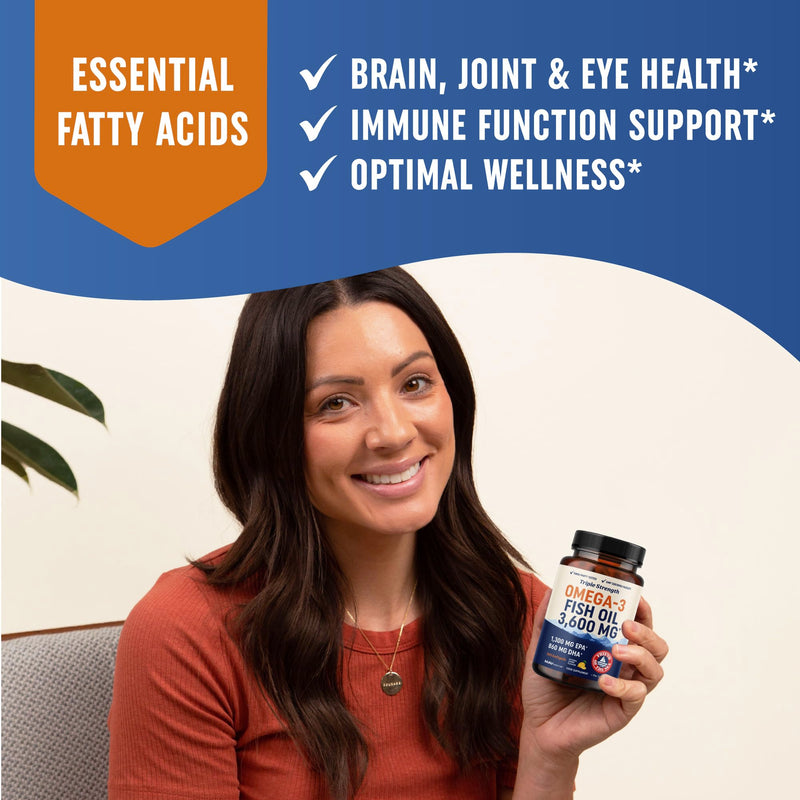 Triple Strength Omega 3 Fish Oil 3600 mg | EPA & DHA | Over 2100mg Omega-3 Fatty Acids | 1300mg EPA + 860mg DHA | Best Essential Fatty Acids | Premium Wild Caught & Burpless Fish Oil | 180 Ct 180 count (Pack of 1)