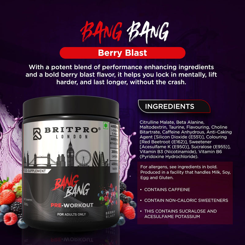 Bang Bang Pre-Workout, 300g - Berry Blast Flavour - High-Intensity Pre Workout, Focus & Endurance, Muscle Pump - Clean Energy, No Crash - Made in the UK