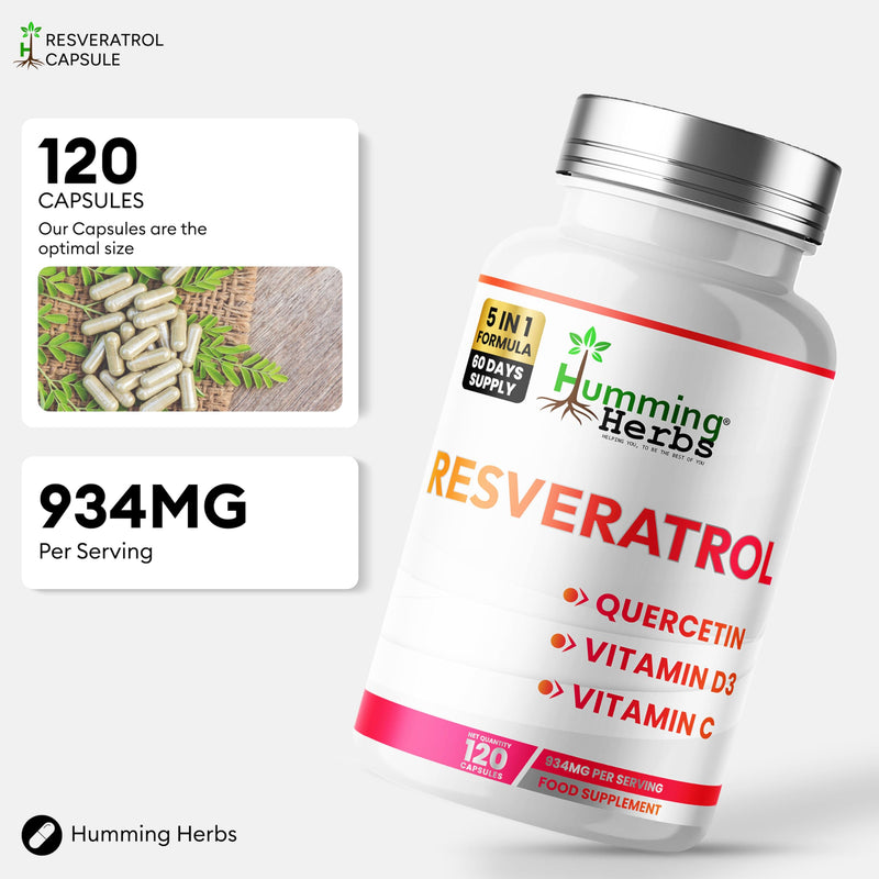 Humming Herbs Resveratrol with Quercetin, Vitamin C, Zinc & Vitamin D3-120 Vegan Capsules
