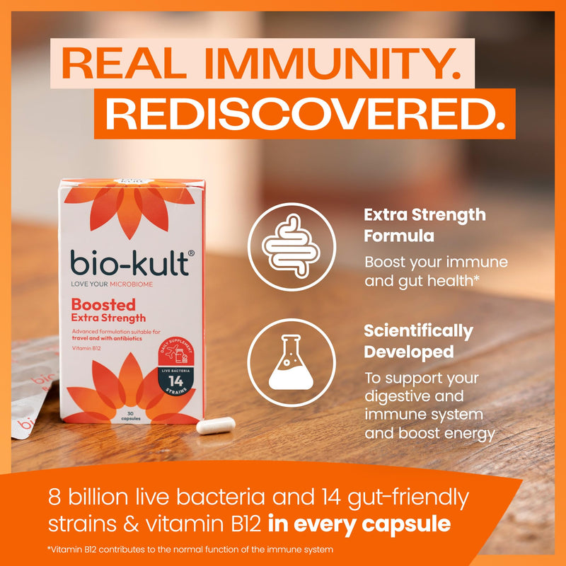 Bio-Kult Boosted Extra Strength Probiotic Supplement – 14 Live Bacterial Strains with Vitamin B12 | Gut Health & Digestive Support | Suitable for Travel, Antibiotics & Pregnancy | 60 Capsules