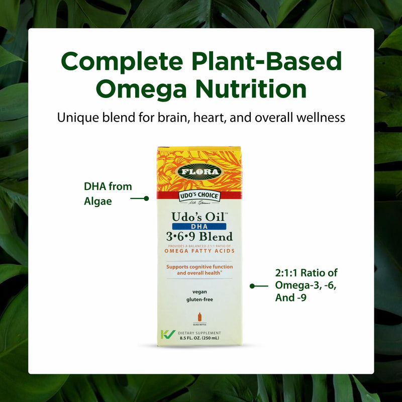 Flora - Udo's Choice Omega 369 Oil Blend with DHA, Udo's Oil Balanced 2:1:1 Ratio of Omega Fatty Acids, Supports Cognitive Function & Overall Health, 8.5-fl.oz. Glass Bottle 8.5 Fl Oz (Pack of 1)
