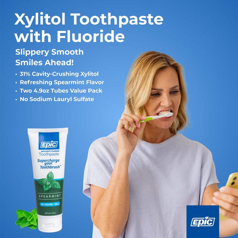[Australia] - Epic Dental Xylitol Fluoride Toothpaste for Adults - SLS-Free Spearmint with 31% Xylitol - Oral Care for Dry Mouth, Fresh Breath & Enamel Health - Vegan, Gluten-Free - 4.9oz (2-Pack) 