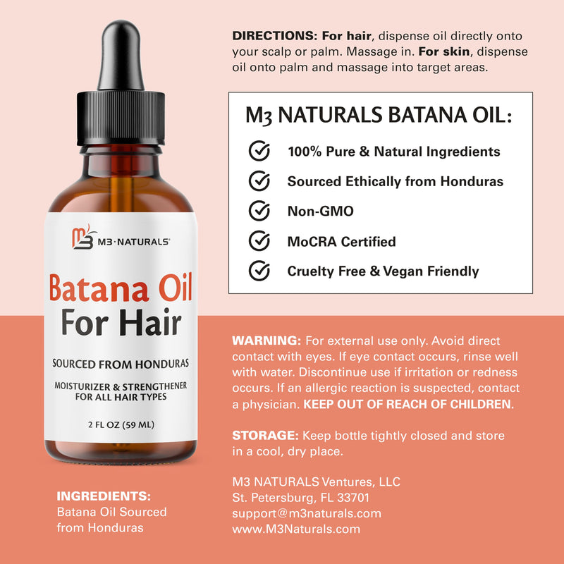 [Australia] - M3 Naturals Batana Oil for Hair Growth & Skin ‚Äì Dr. Sebi 100% Pure, Unrefined & Cold-Pressed from Honduras ‚Äì For Thicker Hair, Stronger Strands & Smoother Skin ‚Äì Vegan, Non-GMO ‚Äì 2 FL OZ Batana Oil 1 Pack 