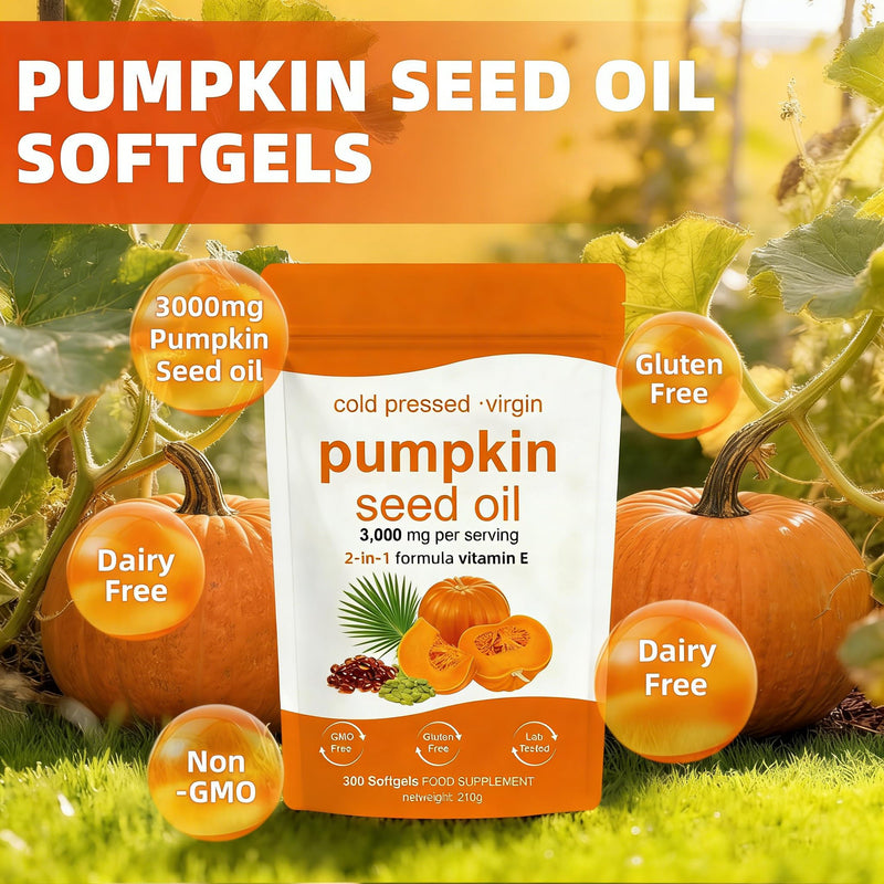 Pumpkin Seed Oil Capsules - 300 Softgels | 3000mg Per Serving, Cold Pressed Virgin Pumpkin Oil, Rich in Omega 6, Omega 9, Supports Hair Growth, Skin Health, Prostate & Bladder Function | Vegan,Non-GMO