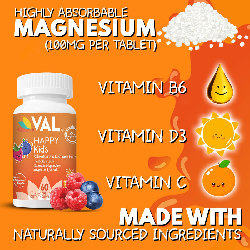 VAL Magnesium for Kids | High-Absorption Magnesium for Calm, Relaxation & Focus | Mg Glycinate, Citrate & Taurate | with Vitamin B6, D & C | Sugar-Free, Non-GMO | 60 Chewable Tablets Blueberry 60 Count (Pack of 1)
