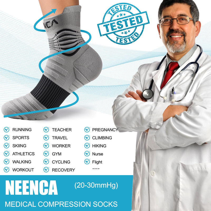 [Australia] - NEENCA Medical Compression Socks for Women & Men Circulation‚Äî2 Pairs, Ankle Compression Stockings for Pain Relief, Plantar Fasciitis, Swelling, Running, Nurses, Travel, Pregnancy, Flying. 20-30 mmHg Large Gray Black - 2 Pairs 