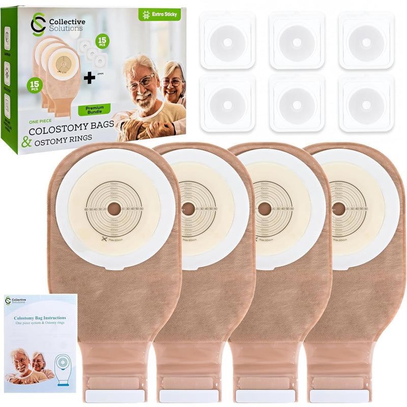 [Australia] - 15 Pack Ostomy Supplies & Colostomy Bags Kit ‚Äì Double-Reinforced Leakproof Seal - 15 One-Piece Bags & 15 2MM Barrier Rings - Cut-to-Fit, Unisex, Skin-Friendly 
