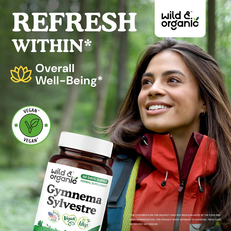 [Australia] - Wild & Organic Gymnema Sylvestre Capsules 600 mg - Overall Support - Gymnema Sylvestre Supplements - Gurmar Leaf Powder - 60 Days of Supply - Vegan, No Fillers, Non-GMO - 60 Count 