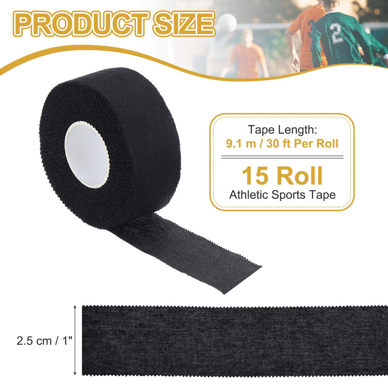 Athletic Sports Tape, Athletic Tape Strong Adhesive Easy Tear with Serrated Edges - Fitting for (Athletes/Sport Trainer/Gymnastics/Boxing) 9.1M x 2.5cm, 15 Rolls, Black 1 in x 30 Ft