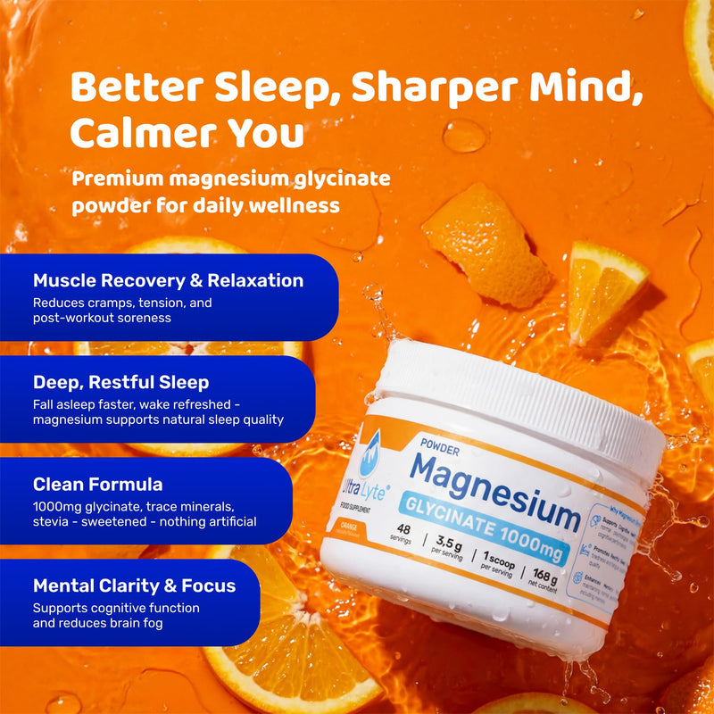 Ultra Lyte Magnesium Glycinate Powder with Trace Minerals 180g – Vegan & Gluten-Free Flavoured Magnesium Supplement – for Sleep Aid, Stress Relief & Muscle Relaxation – 60 Servings (180g, Orange) 180 g (Pack of 1)