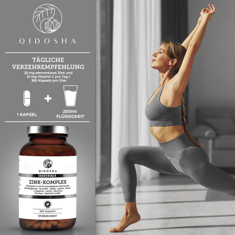 [Australia] - QIDOSHA® zinc complex, 365 capsules, 25 mg zinc from 10 different zinc forms plus vitamin C, vegan, German production, each batch laboratory tested 