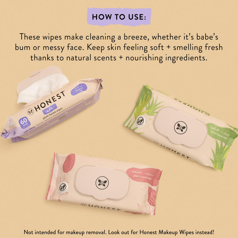 [Australia] - The Honest Company Calm + Cleanse Naturally Scented Wipes | Cleansing Multi-Tasking Wipes | 99% Water, Plant-Based, Hypoallergenic | Lavender, 60 Count 