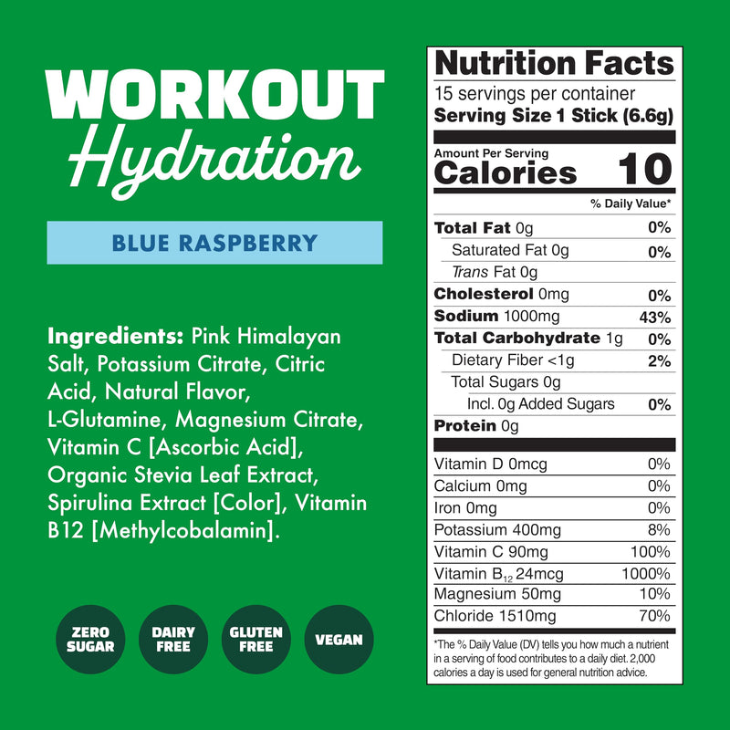 [Australia] - Waterboy Workout Hydration | 2,960mg Sugar Free Electrolyte Powder Packets | L-Glutamine + Vitamins | No Sugar, All Natural, Gluten Free | 15 Drink Stick Mixes (Blue Raspberry) Blue Raspberry (15ct) 