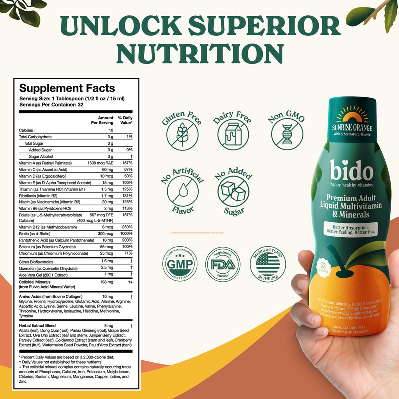Bido Adult Liquid Multivitamin & Minerals for Women and Men | 60+ Nutrients for Energy, Immunity, Mood | Orange Flavor, 32 Servings