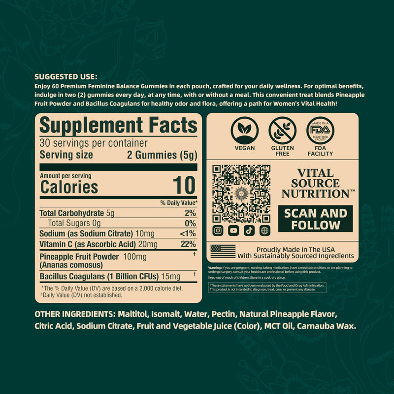 [Australia] - Vital Source Nutrition - Premium Feminine Balance Gummies - for Women‚Äôs Health & Wellness - Immune Support - Vegan, Gluten-Free - Hawaiian Pineapple - 60 Gummies - 30 Servings 