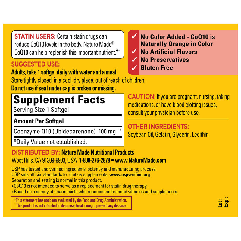 Nature Made CoQ10 100mg Softgels for Heart Health Support, 120 Softgels | Co Q 10 Supplement for Women and Men, Dietary Supplement that Provides Antioxidant Support, 120 Day Supply 120 Count (Pack of 1)