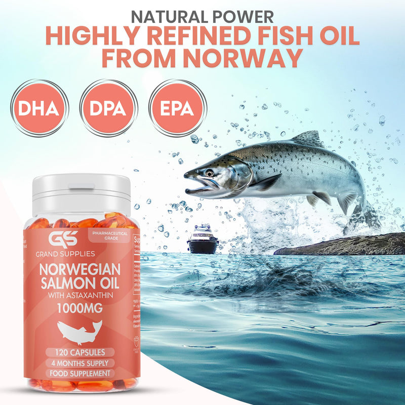Norwegian Salmon Oil - 1000mg - 4 Months Supply - DHA,DPA,EPA & Astaxanthin - Omega 3 6 9 Capsules High Strength -Burpless Taste - 120 Days Supply