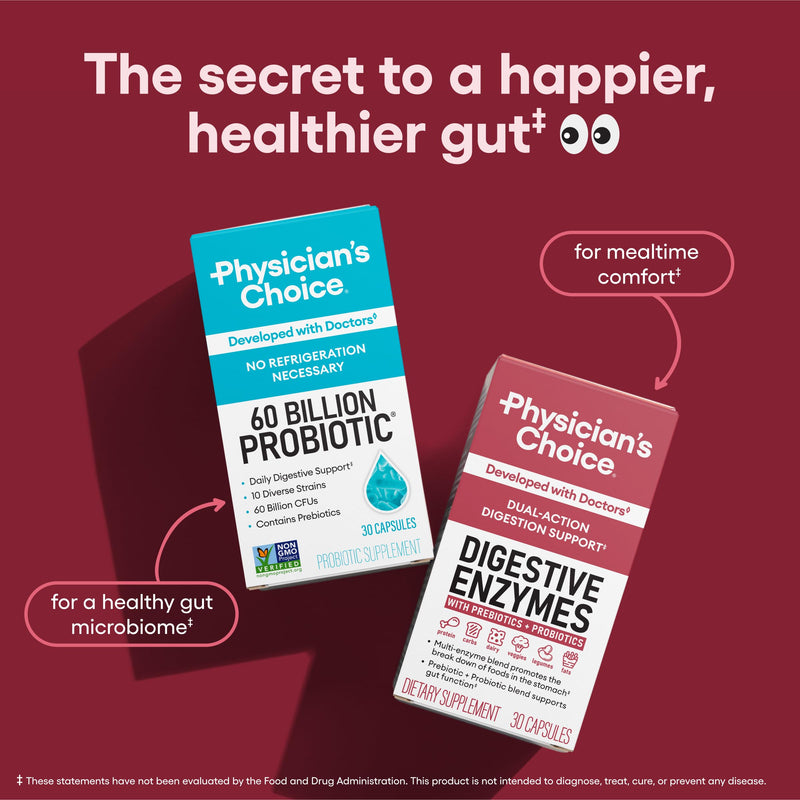 [Australia] - Physician's CHOICE Digestive Enzymes - Multi Enzymes, Bromelain, Organic Prebiotics & Probiotics for Digestive Health & Gut Health - Bloating & Meal Time Discomfort - Dual Action - All Diets - 30 CT 