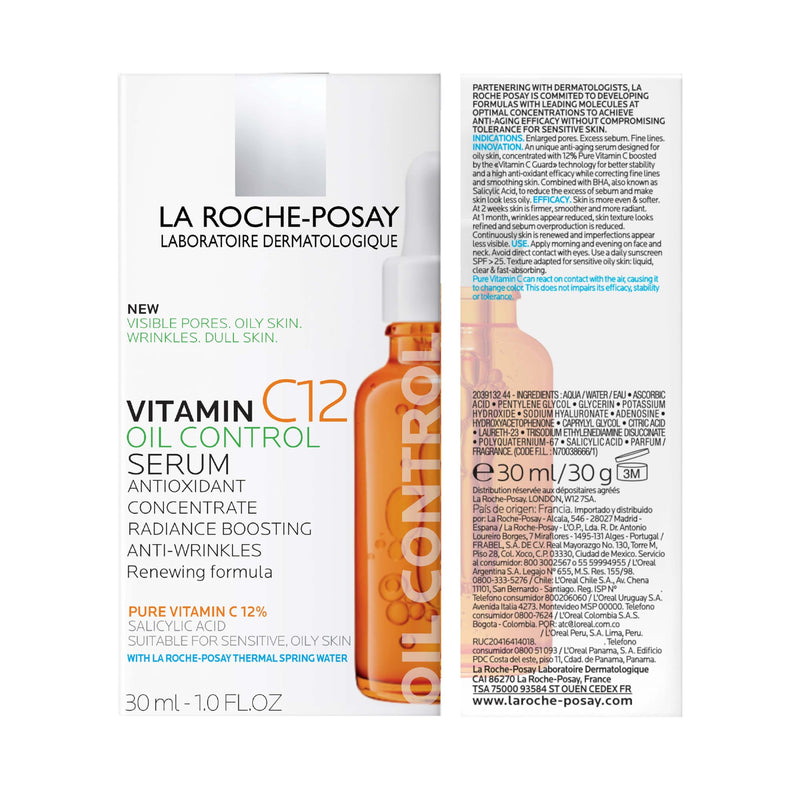 La Roche-Posay Pure 12% Vitamin C Serum For Face With Hyaluronic Acid & Salicylic Acid, Hydrating Face Serum, Boost Radiance & Reduce Wrinkles, 2 Formulas for Normal or Oily Skin Control Oily/Combination Skin - 1.01 Fl Oz