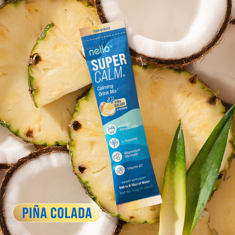 Nello Supercalm Powdered Drink Mix, Cortisol Reducer* and Sleep Aid Supplement, L Theanine, Ksm-66 Ashwagandha, Magnesium Glycinate, Vitamin D 3, No Sugar, Non GMO, On The Go, 20 Ct, Pina Colada 20 Servings (Pack of 1)