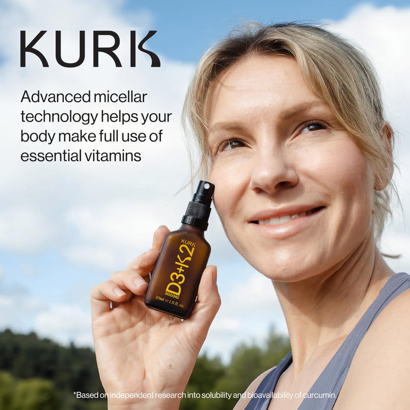 KURK Vegan Vitamin D3 K2 Spray for Everyday Wellness and Normal Muscle Function, Delivers Vitamin K2 MK-7 and 3000IU D3, Plant Based with Natural Ingredients, Refreshing Mint Taste (30ml)