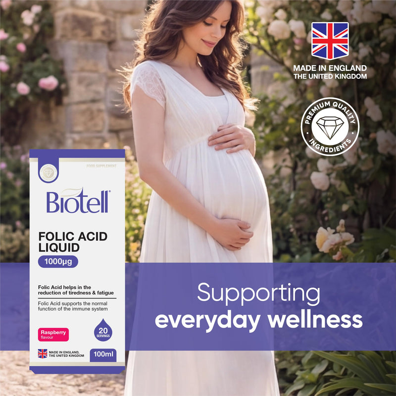 High Strength Folic Acid Liquid 1000µg per 5ml, Pregnancy Vitamins for Women, High Dose Prenatal Folate Supplement, Reduces Tiredness, Supports Blood Formation, Vegan Vitamin B9, UK Made 100ml