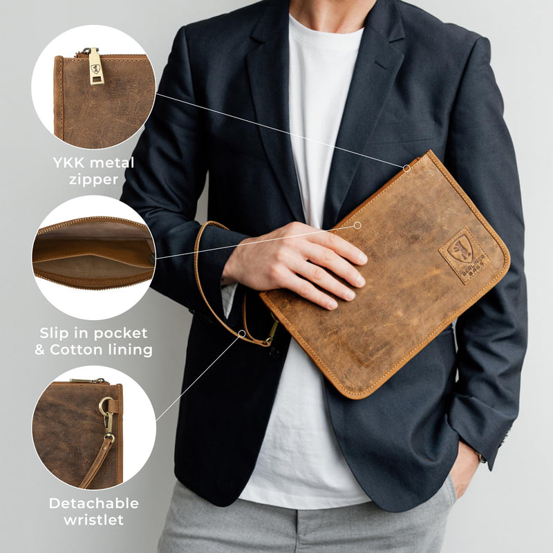 BERLINER BAGS Vintage Genuine Leather Padfolio For Men Theo XL - Brown | Leather Folder Portfolio, Compact Document Sleeve, Fits Slim Documents & Essentials Walnut XL