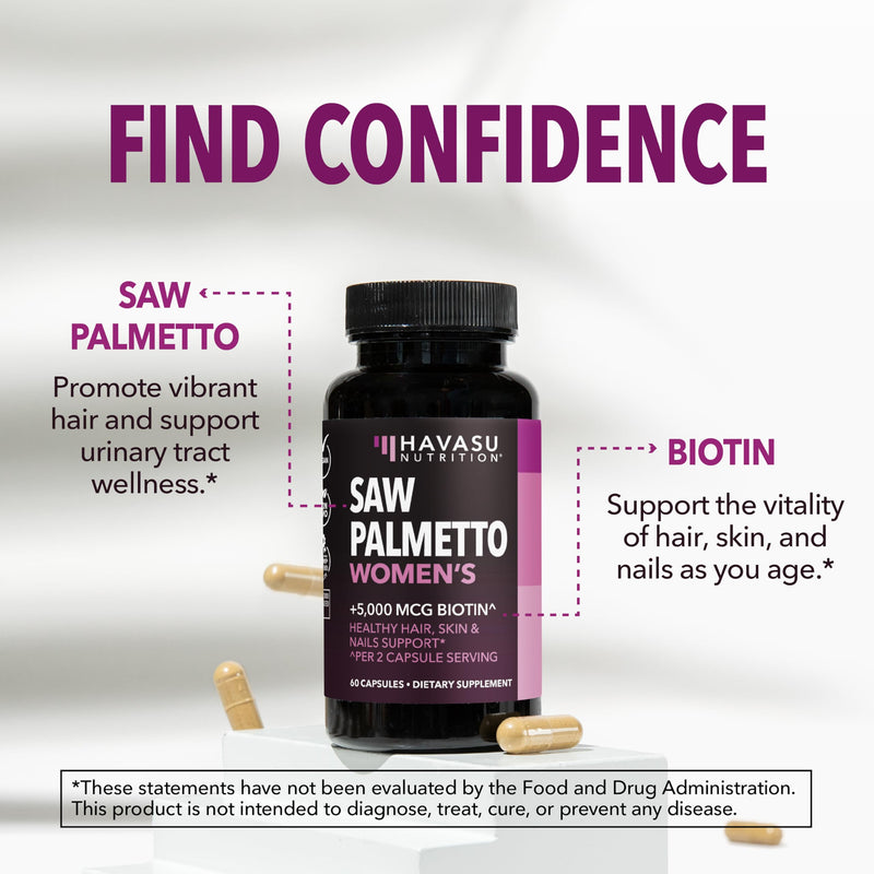 Saw Palmetto for Women with Bitoin 5000mcg Per Serving, 30-Day Supply | Vegan, Non-GMO DHT Blocker for Women for Hair, Skin and Nails, Saw Palmetto Extract with Biotin for Thicker Looking Hair 60 Count (Pack of 1)