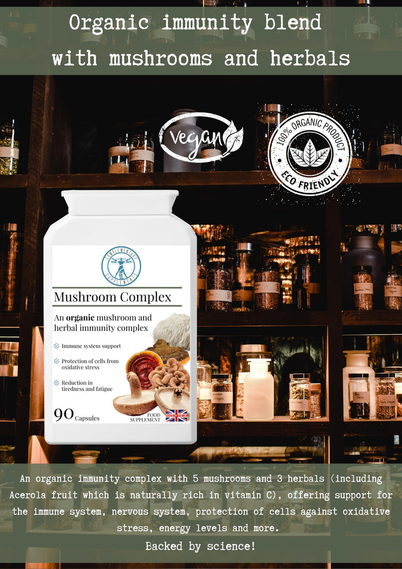 Organic Mushroom Complex - Immune System & Energy Support - Traditional Herbal TCM Adaptogen Blend – Maitake, Chaga, Shiitake, Reishi, Lion's Mane, 90 Capsules