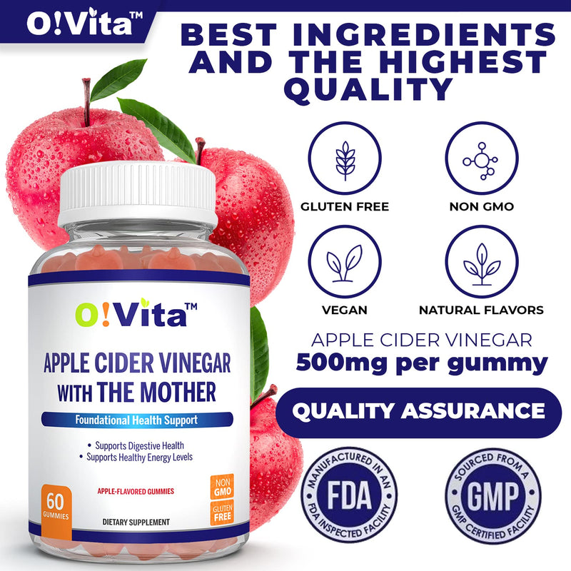 Apple Cider Vinegar Gummies with The Mother, Gluten Free, Vegan, Made with Pomagranate, Beet Root, and Vitamin B12 for Energy - 60 Non-GMO Apple Flavored Gummies, up to 2-Month Supply