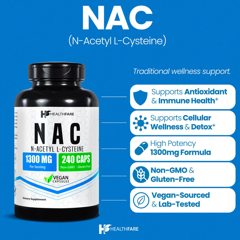 [Australia] - NAC N-Acetyl L-Cysteine Supplement | 1300mg High Potency | 240 Vegan Capsules | Respiratory & Antioxidant Support, Cellular Energy & Liver Support | Non-GMO, Gluten-Free, Made in USA 