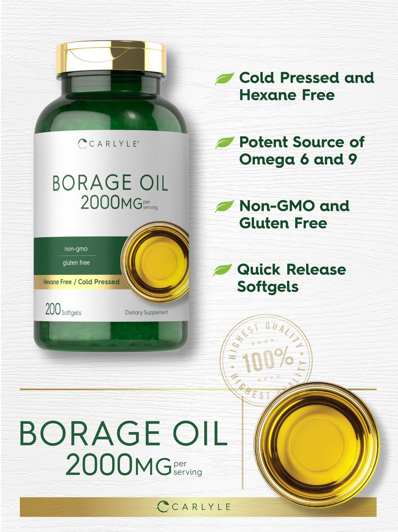 [Australia] - Carlyle Borage Oil Capsules | 2000mg | 200 Softgels | 320mg of GLA | Cold Pressed Seed Oil Supplement | Hexane Free | Non-GMO & Gluten Free 